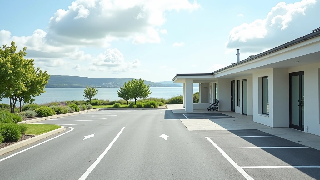 Modern accessible parking area with clear signage and facilities building for visitor amenities