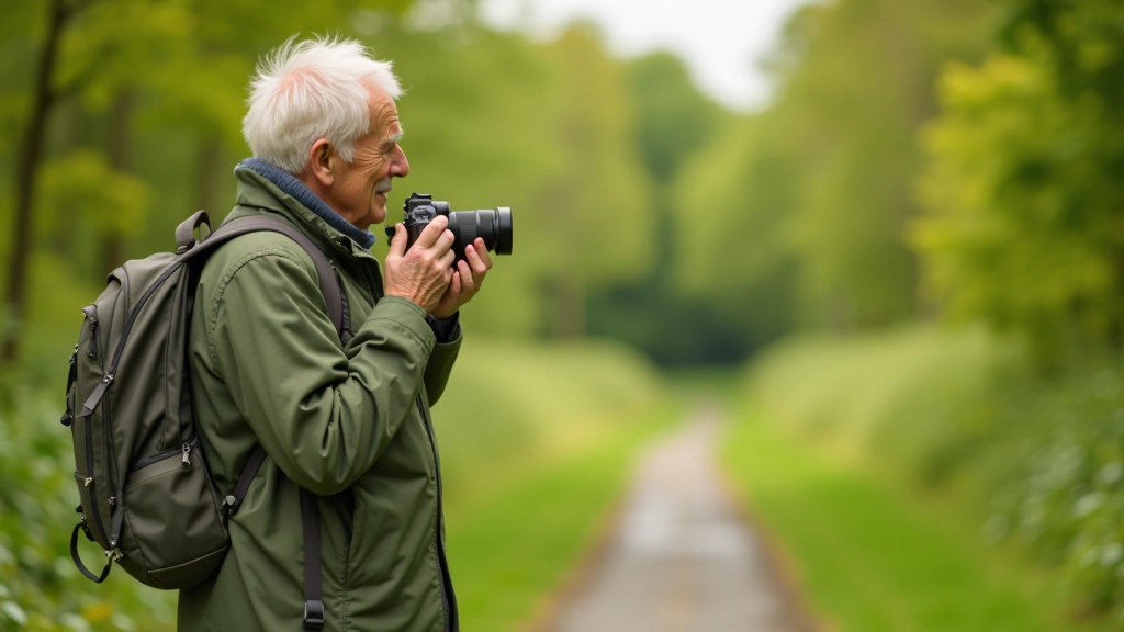 Senior nature explorer discovering urban parks and hidden green spaces