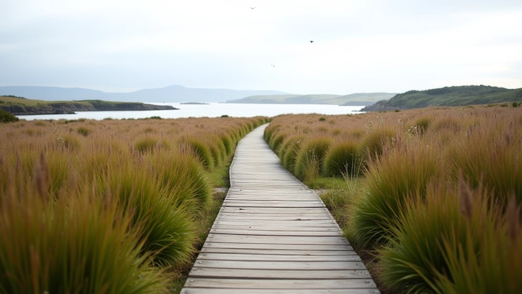 Bull Island nature reserve with grassy wetlands and walking path near Dublin coast