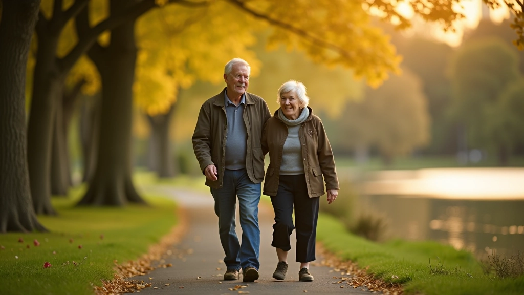 Senior couple walking through lush green urban park with bird sanctuaries, peaceful nature setting in Irish city