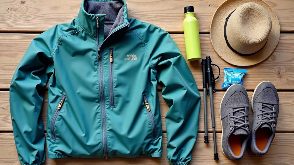 Organized collection of walking essentials including hiking poles, water bottle, snacks, comfortable shoes, and weather gear on outdoor surface
