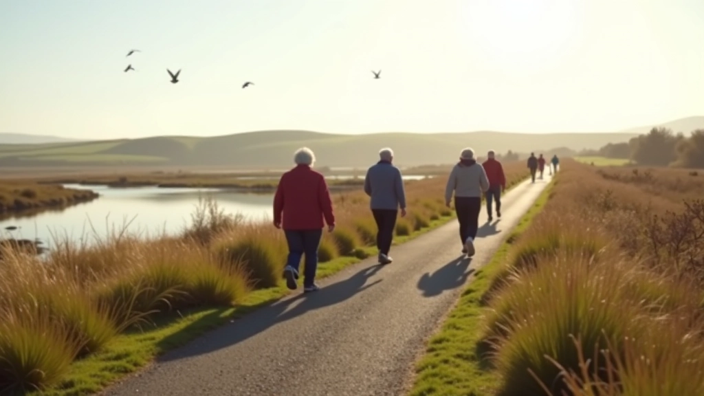 Seniors walking along Bull Island coastal path with birds visible