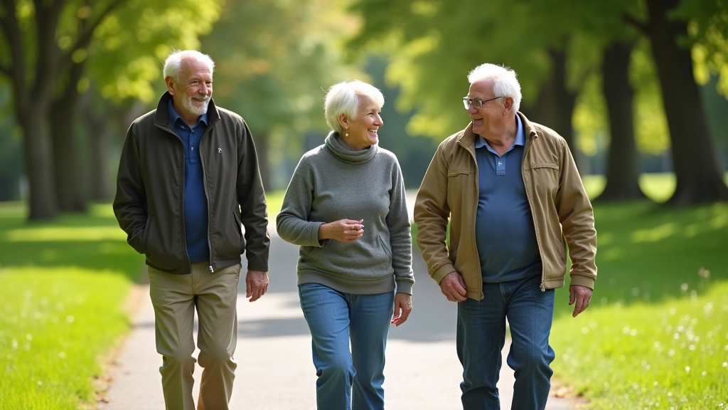 Group of seniors enjoying social nature walk together on accessible park pathway