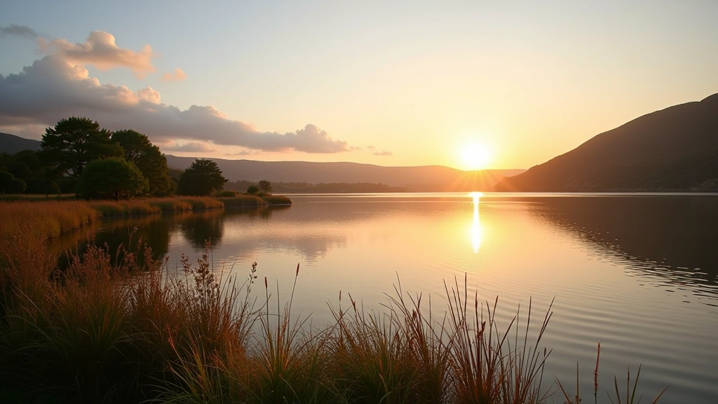 Scenic waterfront view of Lough Atalia with native water plants and reflective water surface at golden hour