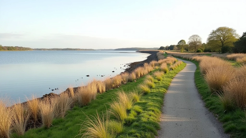 Lough Atalia waterfront walking path in Galway with water views and natural shoreline vegetation