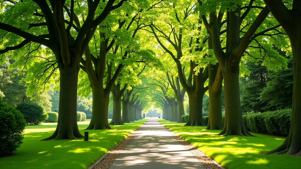 Mature trees in St Stephen's Green with dappled light filtering through leaves, peaceful green spaces between trees
