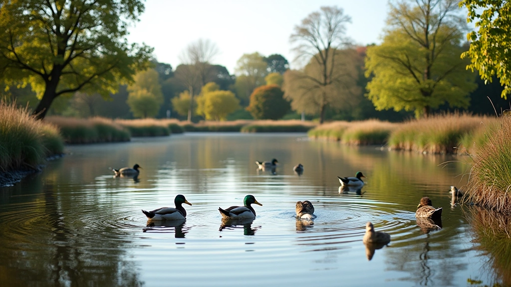 Water pond in park with ducks and water birds, reeds along the edges, reflections in still water