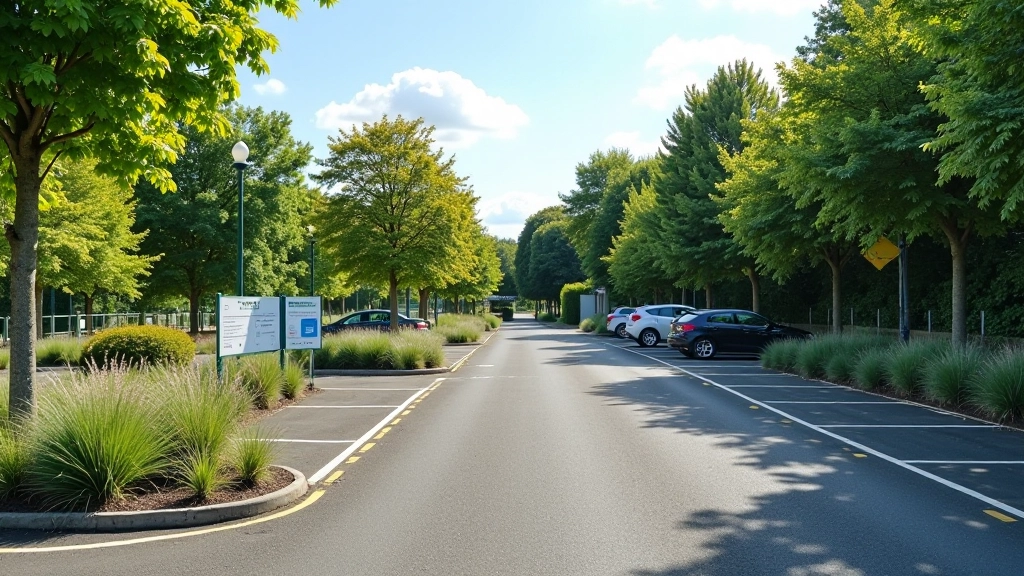 Parking area and entrance to Bull Island nature reserve with visitor facilities and directional signs