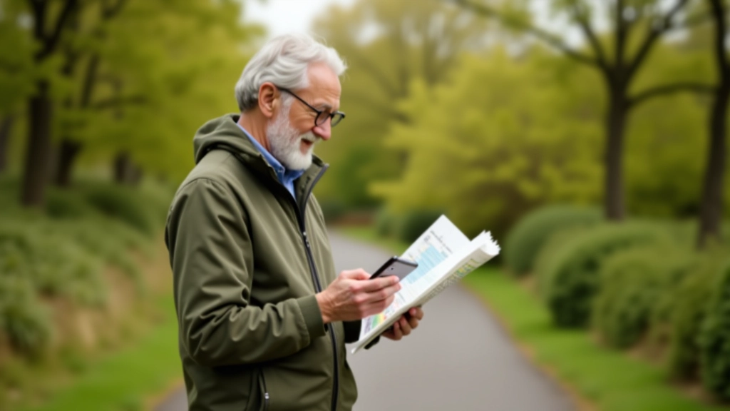 Mature adult checking trail map and smartphone for route planning in park setting