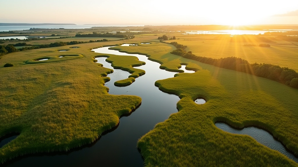 Aerial view of Bull Island nature reserve showing green wetlands and wildlife habitat in Dublin
