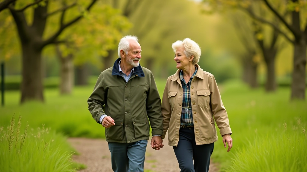 Two seniors enjoying a walk together on a Dublin nature trail surrounded by trees and greenery