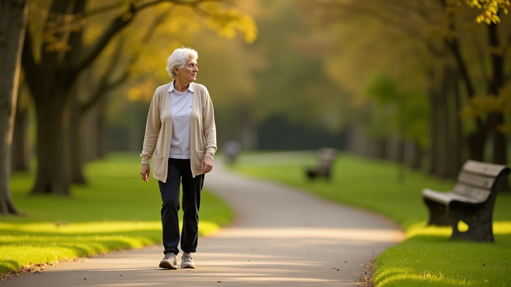Senior woman enjoying peaceful walk in accessible urban park with clear pathways and rest benches