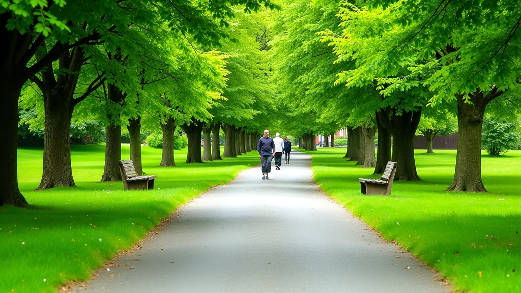 Accessible paved pathway through urban nature reserve with clear signage, rest benches, and gentle terrain