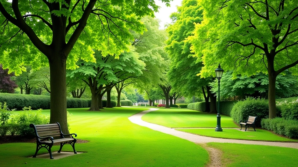 St Stephen's Green park in Dublin with tree-lined paths and open green spaces, benches for resting