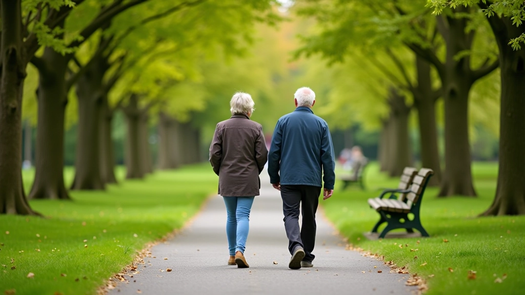 Two mature adults walking together on accessible nature trail in sunny weather