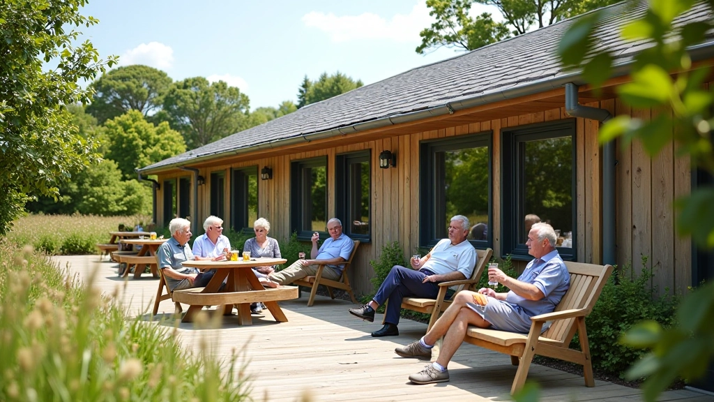 Visitor centre building with cafe entrance and people enjoying refreshments at outdoor seating area
