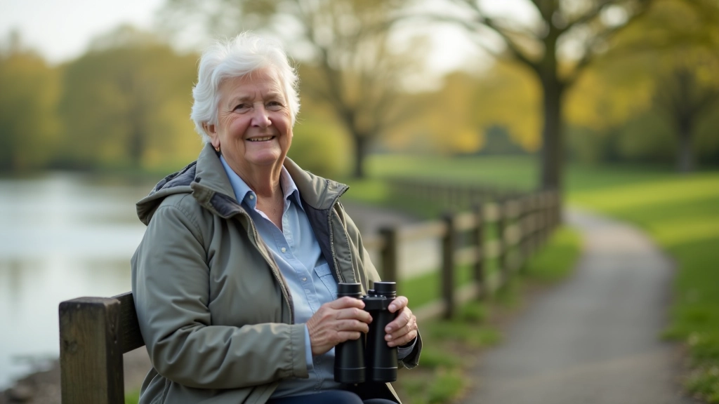 Senior woman sitting on park bench with binoculars, watching birds near water, peaceful outdoor nature setting
