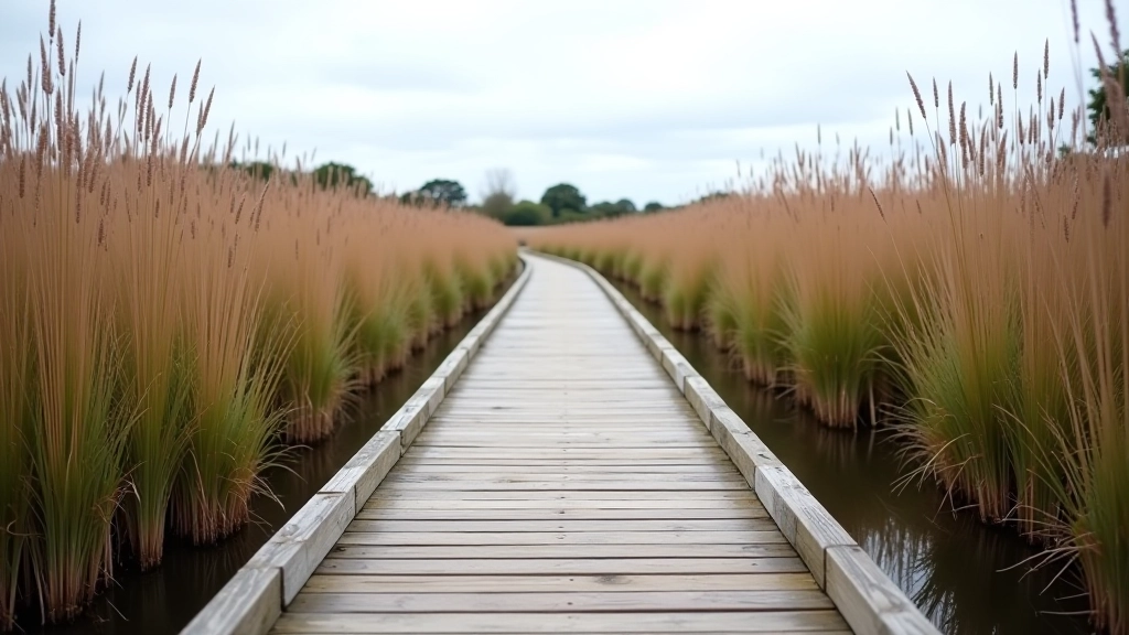 Wooden boardwalk path through natural wetland area with reeds and water, accessible nature trail infrastructure